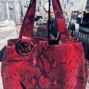 Michael Kors Red Black Snake Print Tote Shoulder Bag Gold Logo